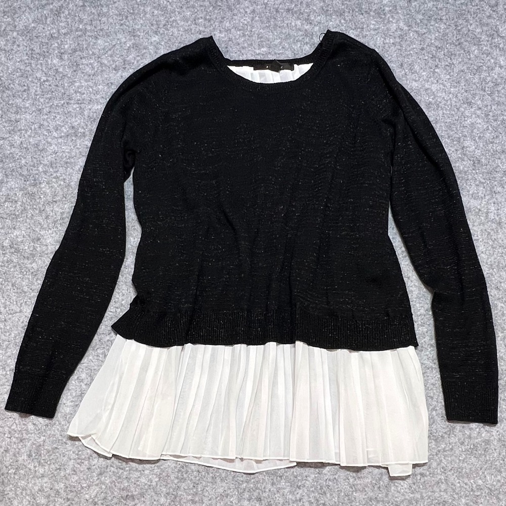 Fever Black Metallic Sparkle Layered Pleated Hem Sweater Split Back Womens Small